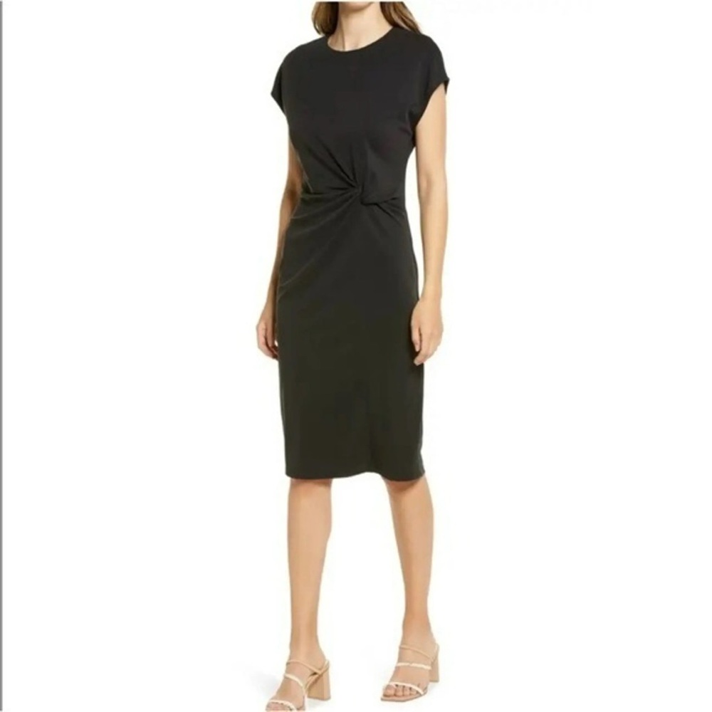 Halogen Deep Grey Twist-Front Cap-Sleeve Midi Dress